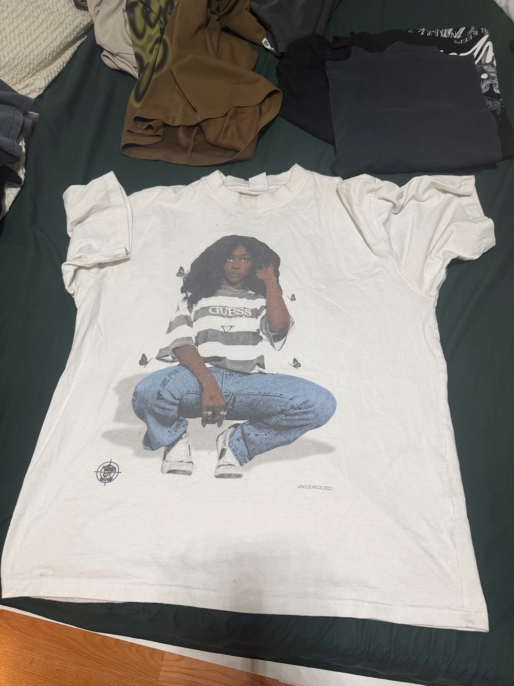 Guess White Graphic Tee with Blue and Black Print